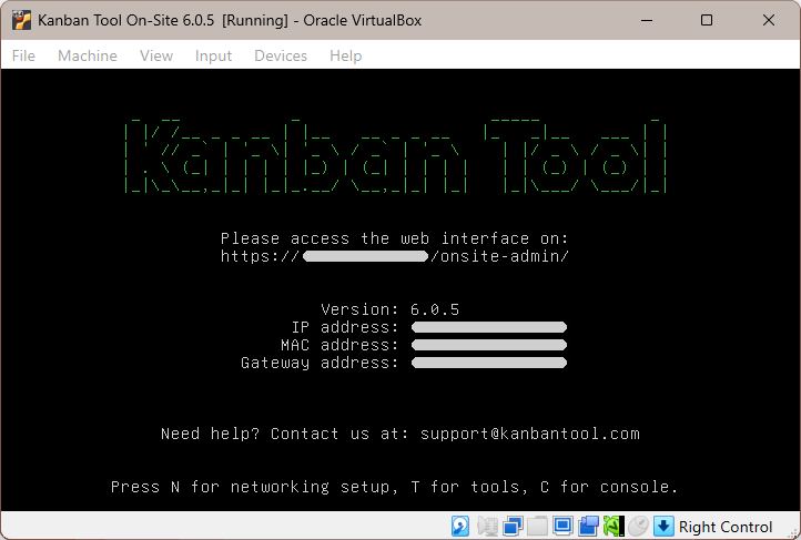 Pantalla de bienvenida de la máquina virtual Kanban Tool On-Site