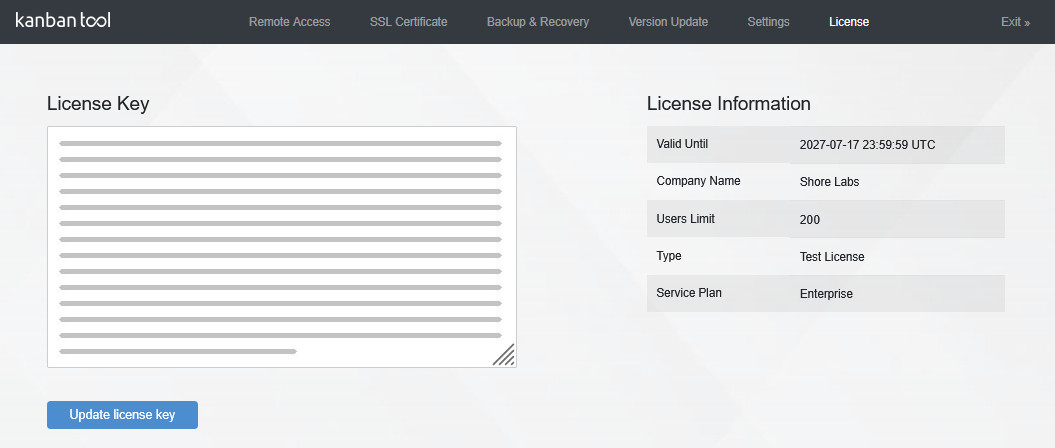 Actualización de la clave de licencia de Kanban Tool On-Site