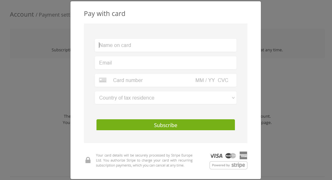 Type in card information to subscribe