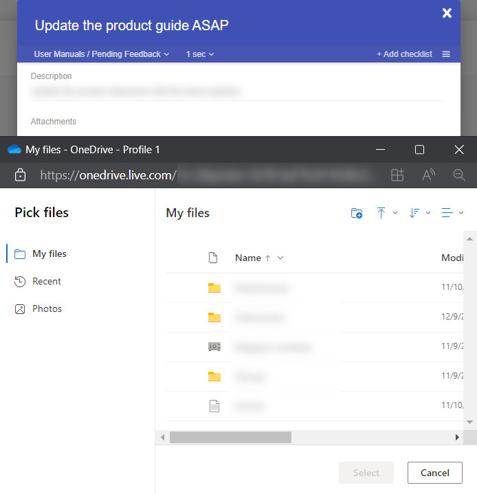 Picking OneDrive files to attach to a Kanban Tool task card