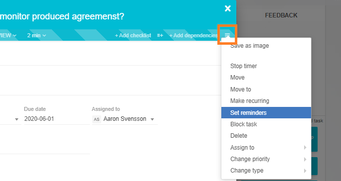Set reminders in the open card context menu