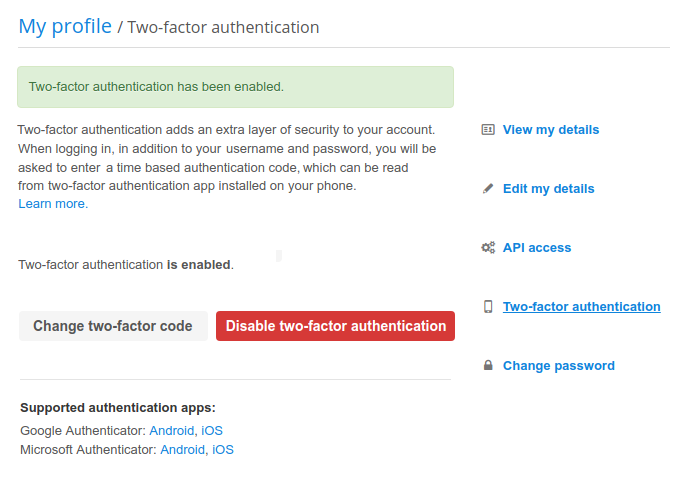 Two-factor authentication - Disabling