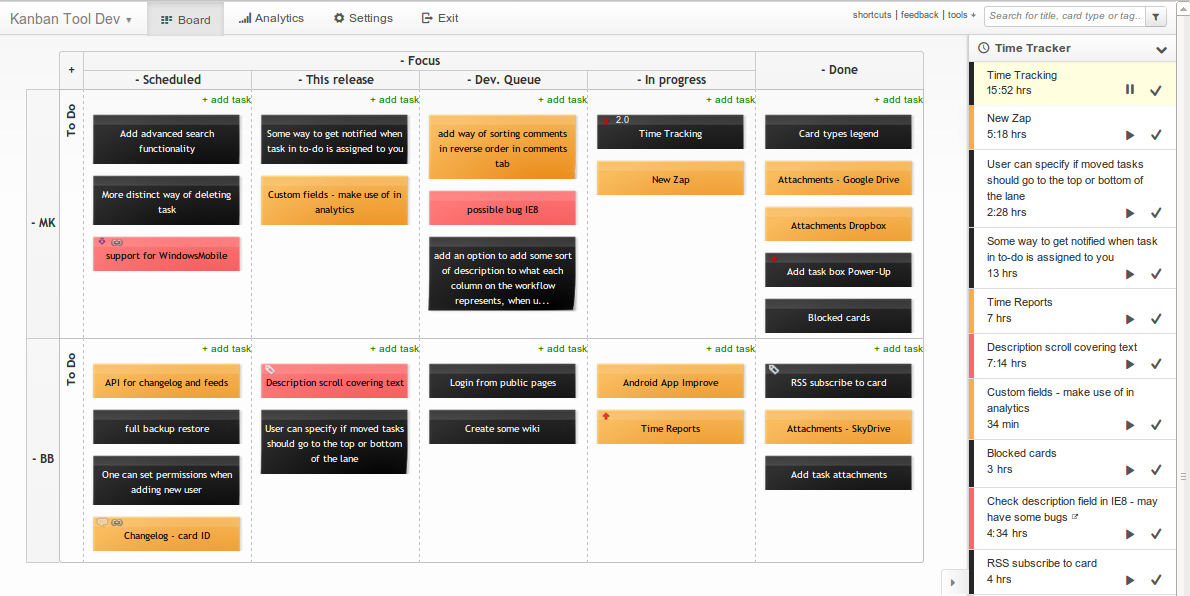 kanban boaard with time tracking icon